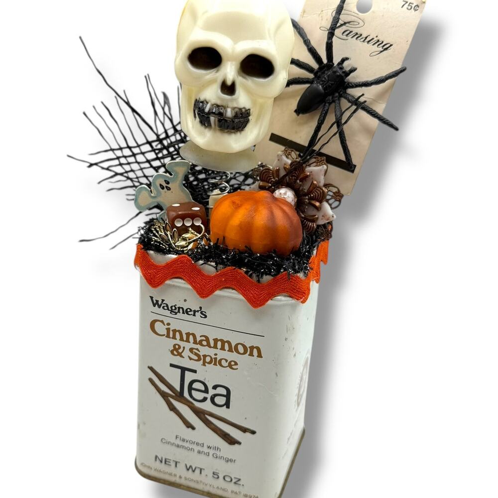Halloween Skull Wagner Cinnamon and Spice centerpiece -Assemblage Tea Tin